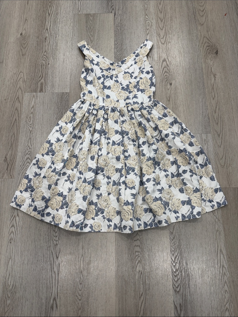 Gal Meets Glam Cream and Blue Floral Fit-and-Flare Dress